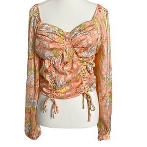 Madden NYC Junior's‎ Orange Floral Ruched Front Top with Sheering & Bra Cup